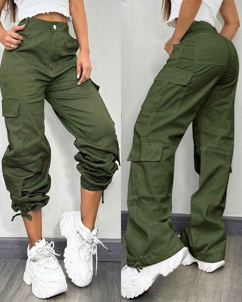 

Pocket Design Button Front Cargo Pants Casual High Waisted Cuffed Pants, Army green