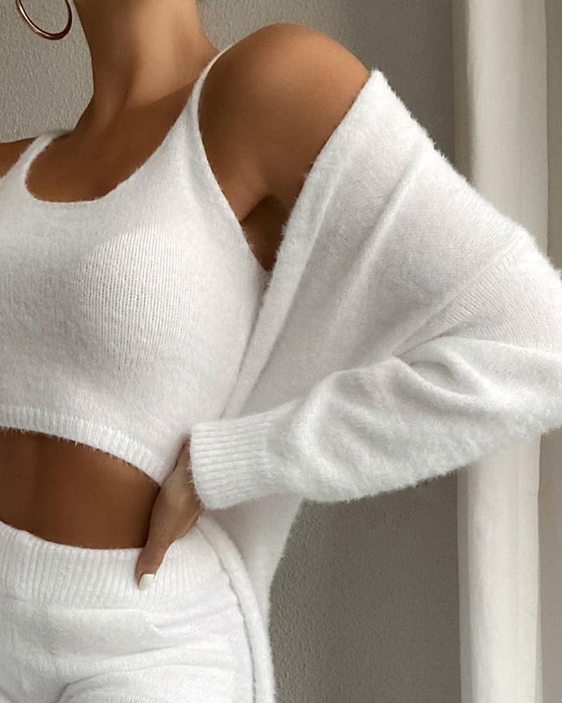 

Drop Shoulder Fuzzy Knit Cardigan, White