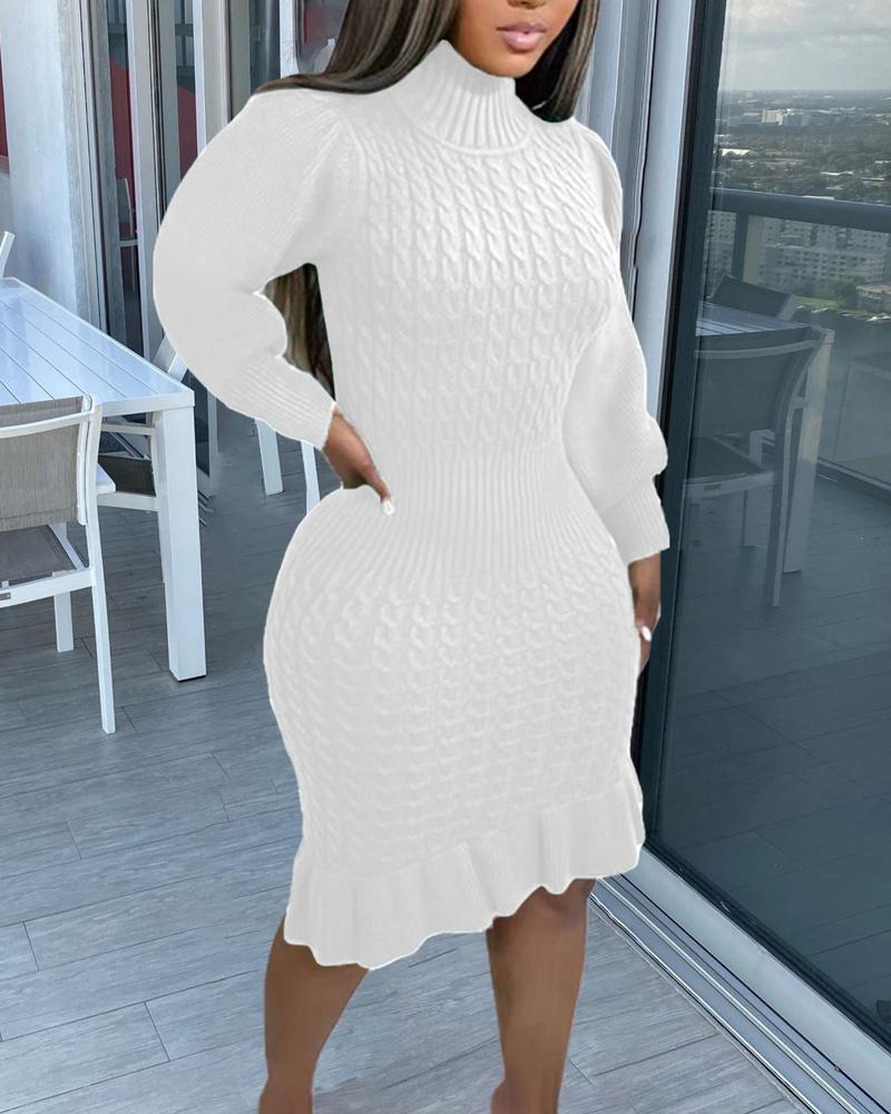

Puff Sleeve Ruffle Hem Cable Knit Sweater Dress, White