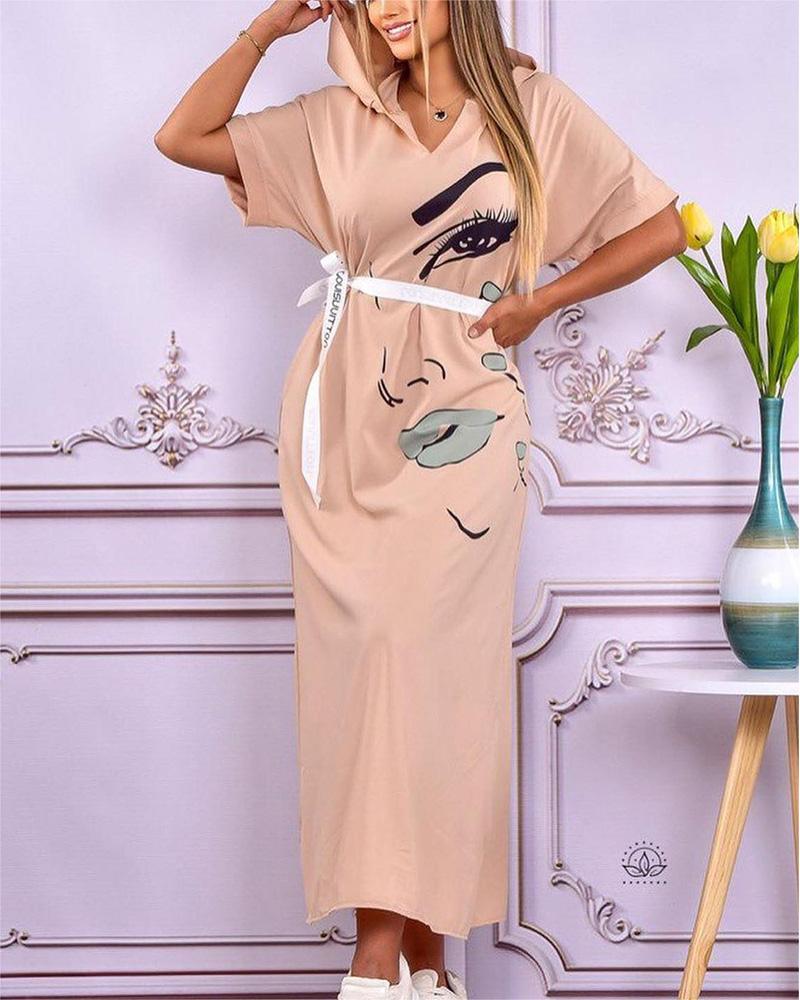 

Figure Print Hooded Tied Detail Casual Dress, Orange