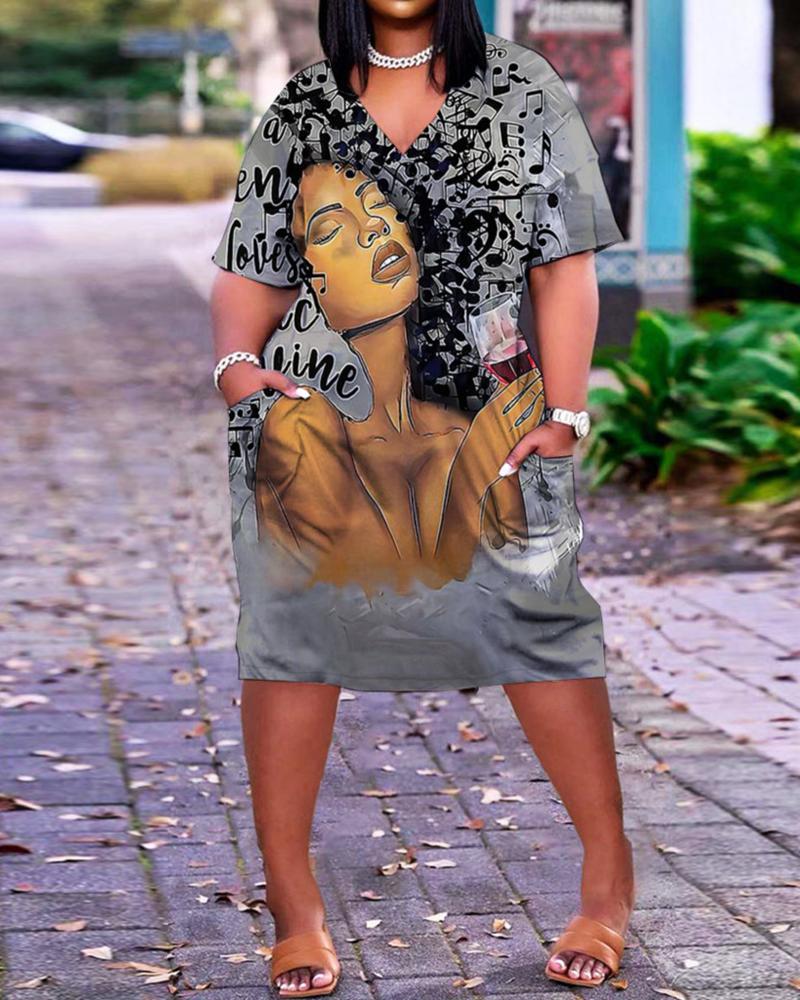 

Plus Size Figure Print Pocket Detail Casual Dress, Gray