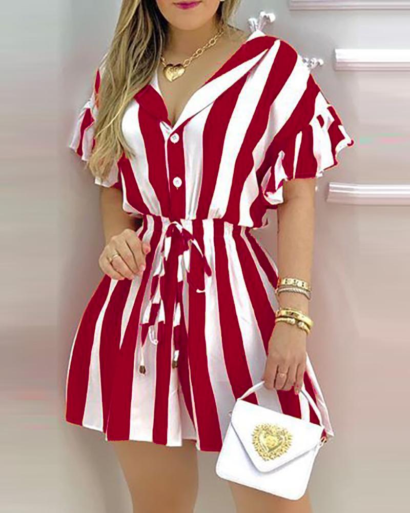 

Striped Colorblock Ruffles Shirt Dress, Red