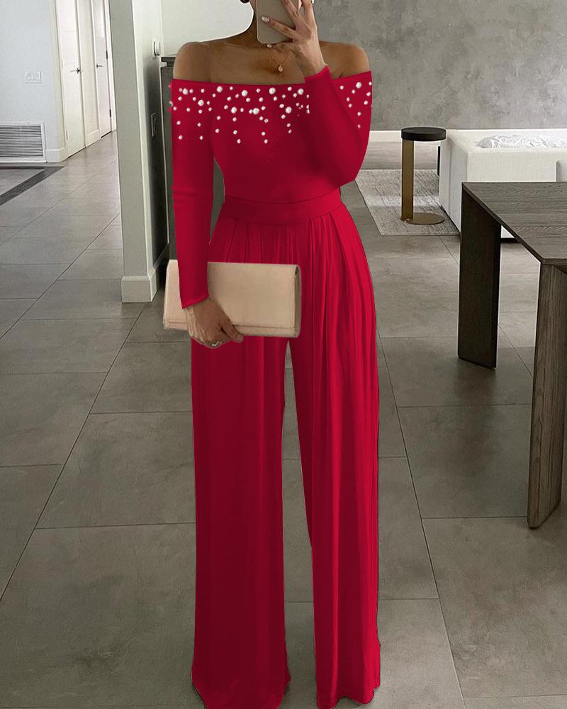 

Beaded Off Shoulder Ruched Wide Leg Jumpsuit, Red