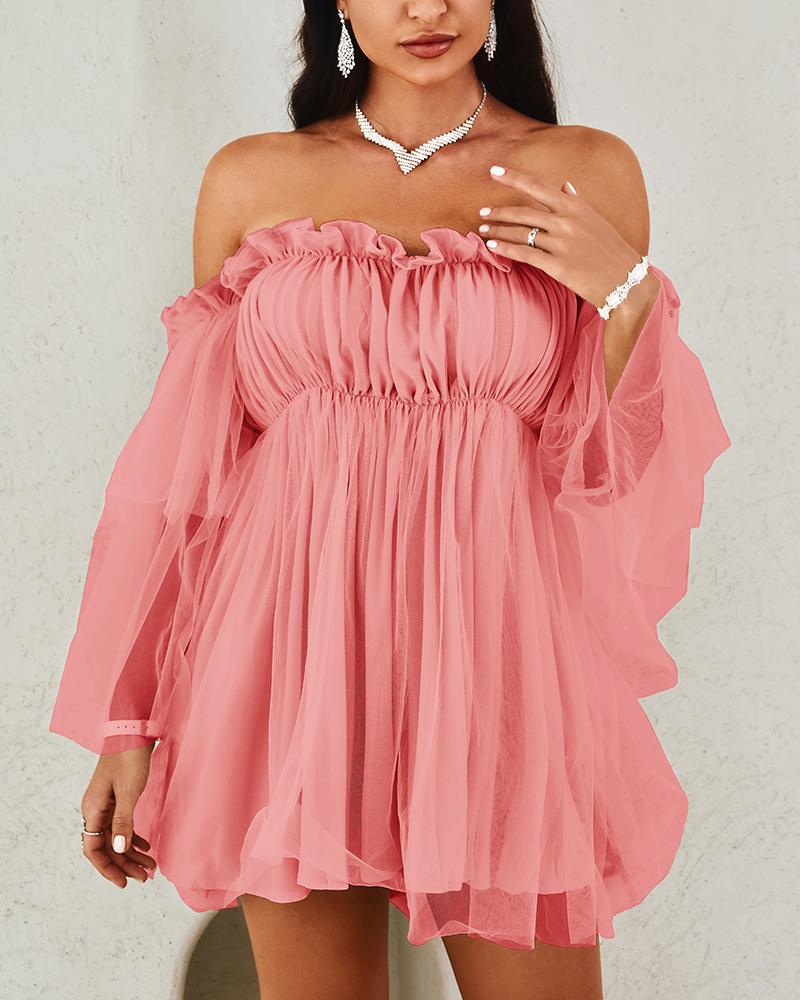 Off Shoulder Frill Trim Sheer Mesh Swing Dress