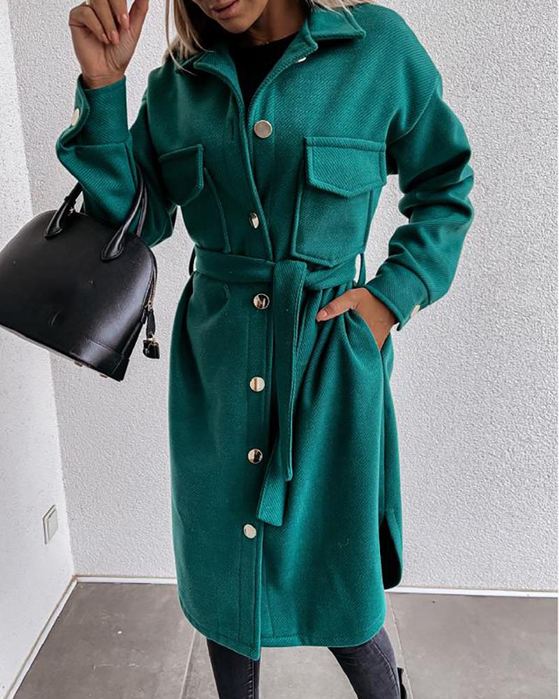 

Pocket Design Button Front Long Sleeve Shacket, Green