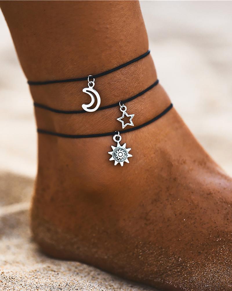 

Sun & Moon & Star Pattern Anklet, Silver