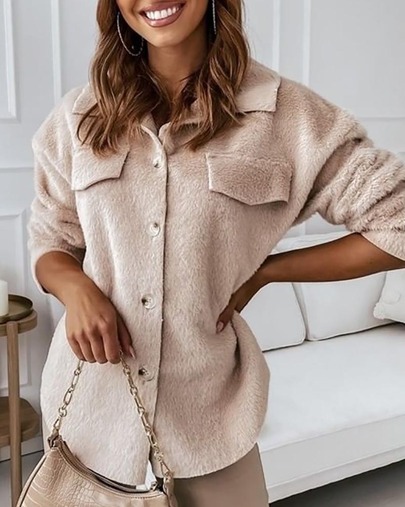 

Button Front Fluffy Casual Top, Pink