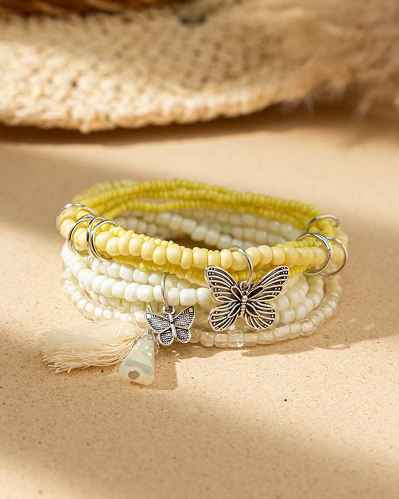 

5pcs Butterfly Pattern Tassel Bracelet Set, Yellow