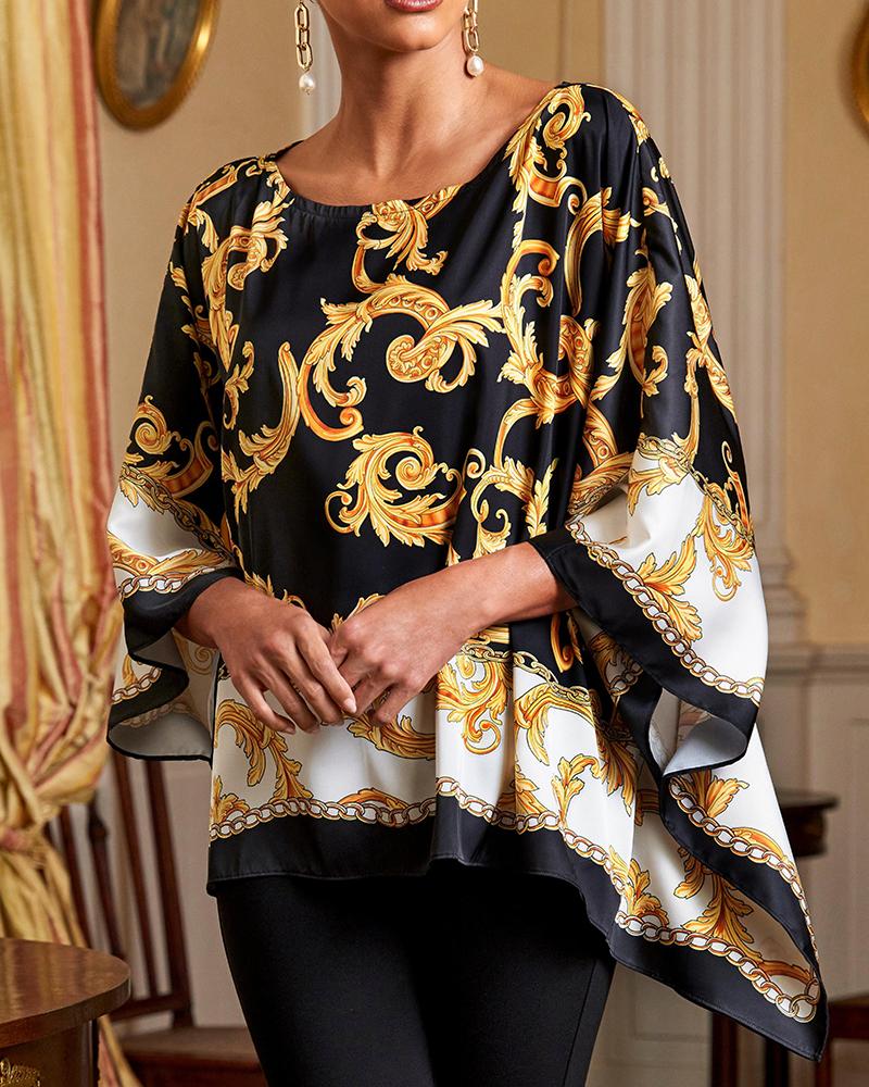 

Colorblock Baroque Print Batwing Sleeve Top, Yellow