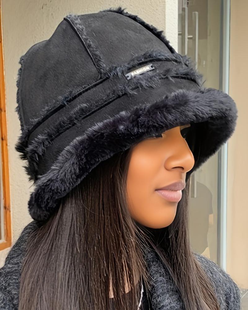 

Faux Fur Piping Winter Thermal Bucket Hat, Black