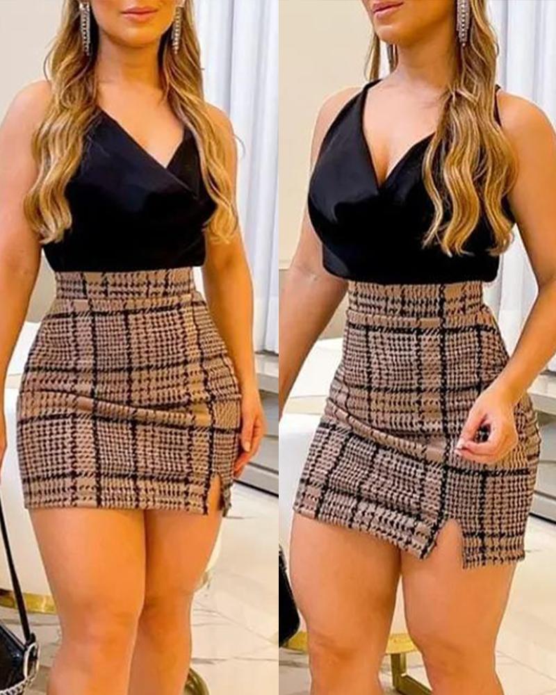 

Cowl Neck Top & Plaid Print High Waist Skirt Set, Brown