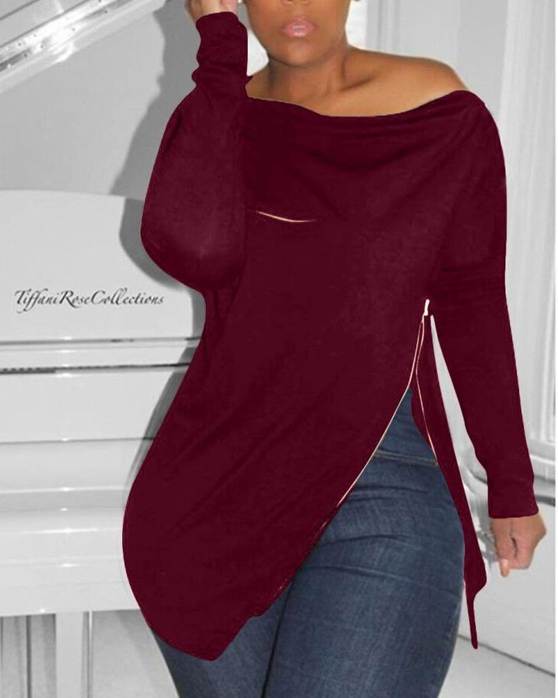 

Plus Size Zip Detail Asymmetrical Hem Long Sleeve Top, Wine red