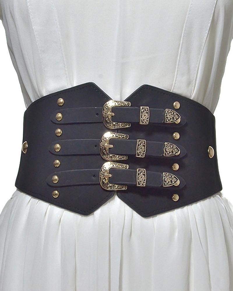 

1pc Vintage Buckle Decor Elastic Wide Belt, Black