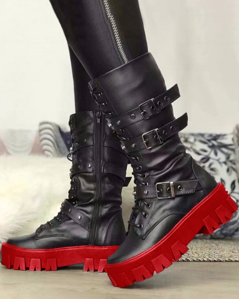 

Eyelet Buckled Zipper Design Platform Boots, Black&red