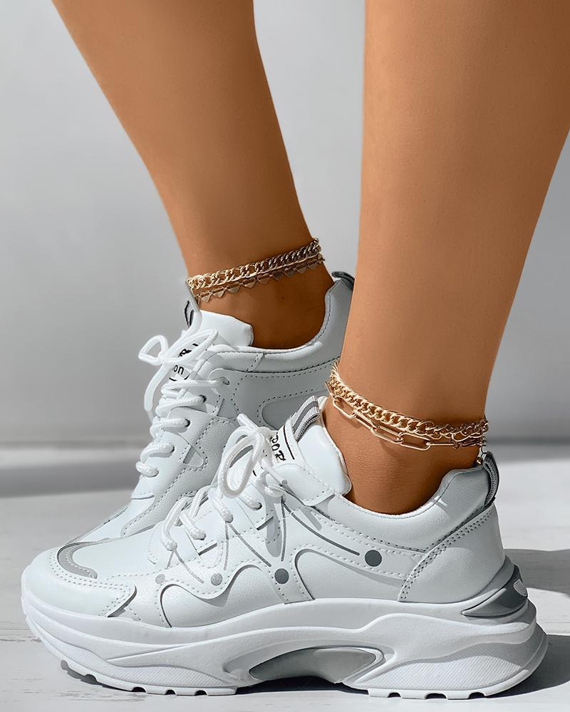 

Lace-up Contrast Paneled Muffin Sneakers, White&gray