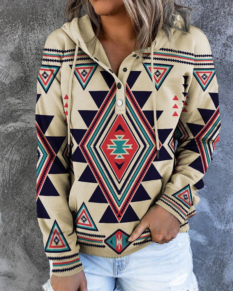 

Aztec Geometric Long Sleeve Hooded Sweatshirt, Apricot
