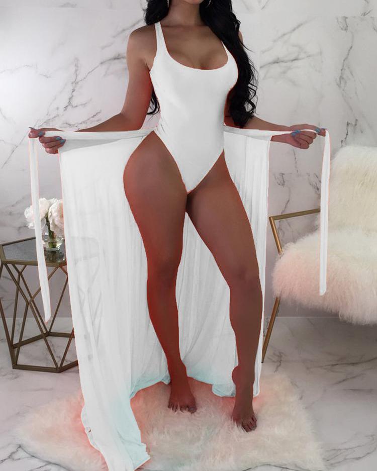 

U-Neck One Piece Swimsuit With Sheer Mesh Cover Up, White