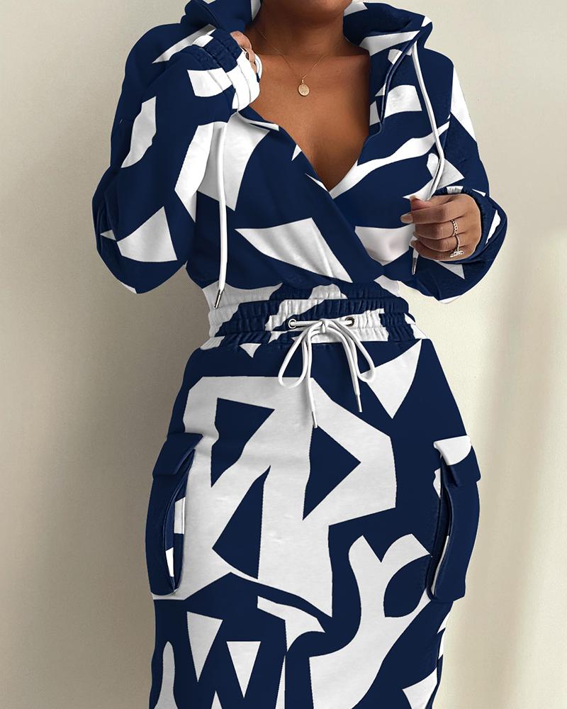 

Geometric Print Drawstring Hooded Sweatshirt Dress, Blue