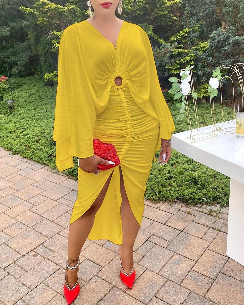 

O-Ring Ruffles Sleeve Ruched Dip Hem Party Dress, Yellow