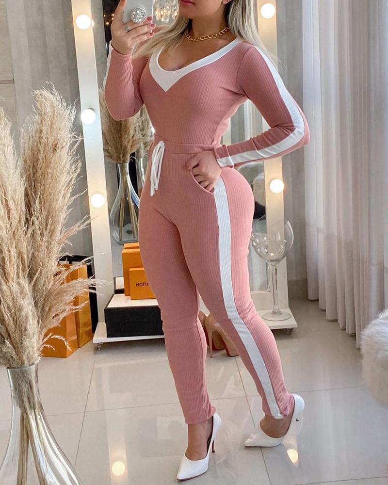 

Colorblock Ribbed Long Sleeve Women Top & Drawstring Pocket Design Pants Set, Pink