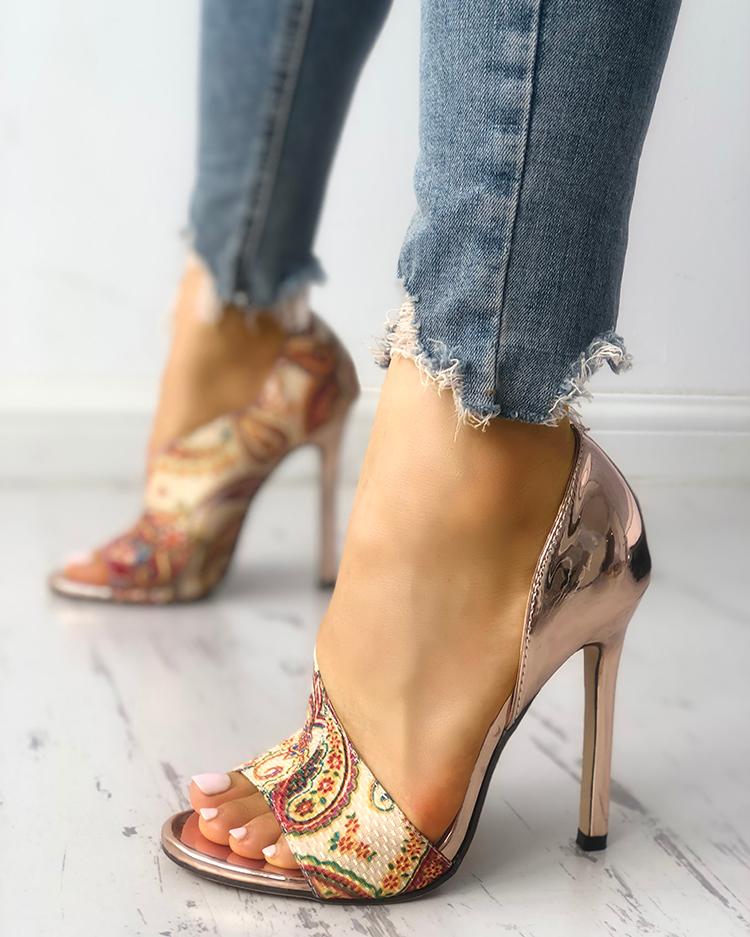 

Tribal Print Peep Toe Thin Heeled Sandals, White