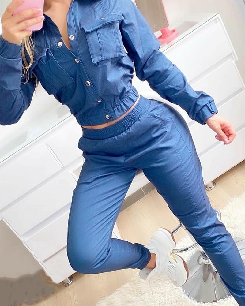 

Pocket Button Design Shirt & High Waist Pants Set, Blue