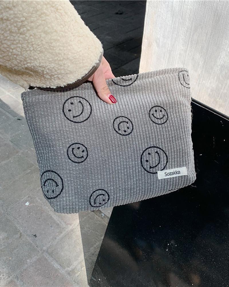 

Smile Face Pattern Corduroy Clutch Bag, Gray