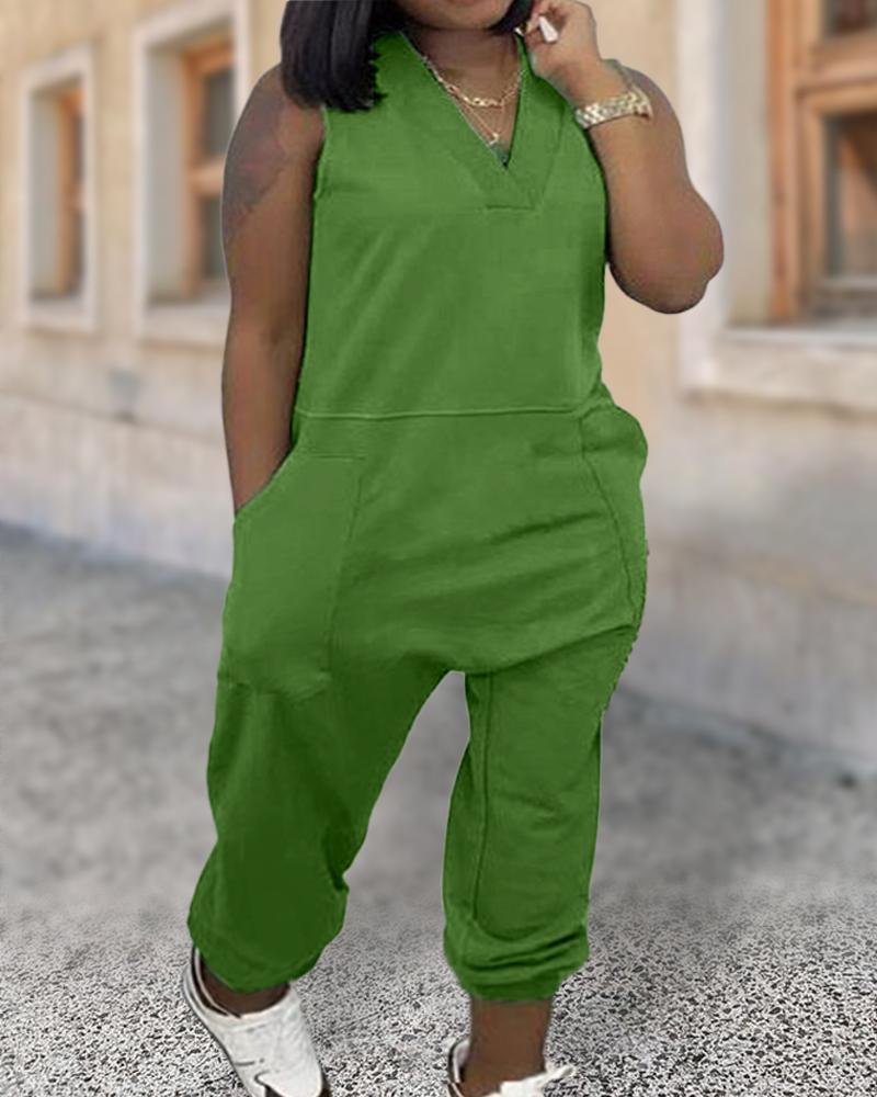 

Plus Size V-Neck Pocket Design Sleeveless Jumpsuit, Green
