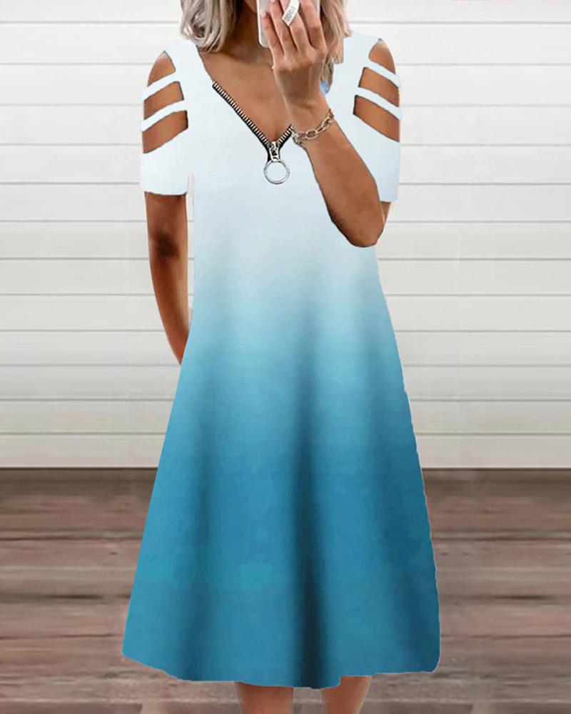 

Ombre Zip Front Cold Shoulder Casual Dress, Blue