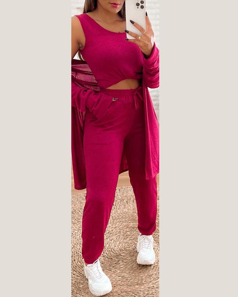 

Scoop Neck Tank Top & Drawstring Pants Set With Coat, Hot pink