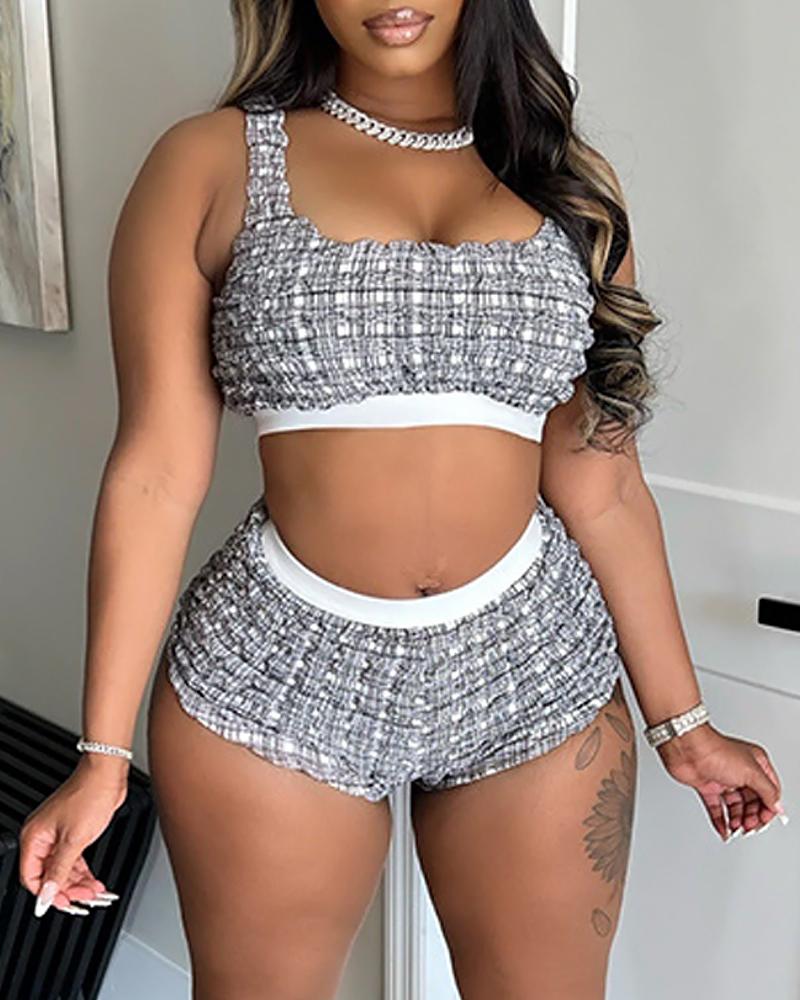 

Textured Square Neck Crop Top & Shorts Set, Black