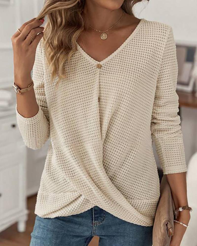 

V-Neck Overlap Buttoned Casual Top, Apricot