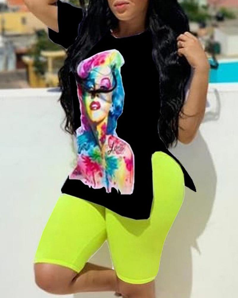 

Plus Size Figure Print Split Hem Top & Shorts Set, Black