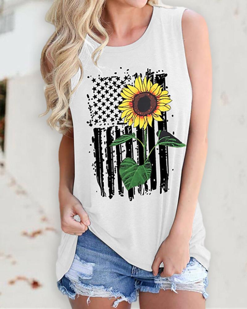 

Sunflower Flag Print Casual Tank Top, White