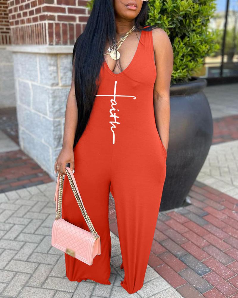 

Letter Print Sleeveless Wide Leg Jumpsuit, Orange
