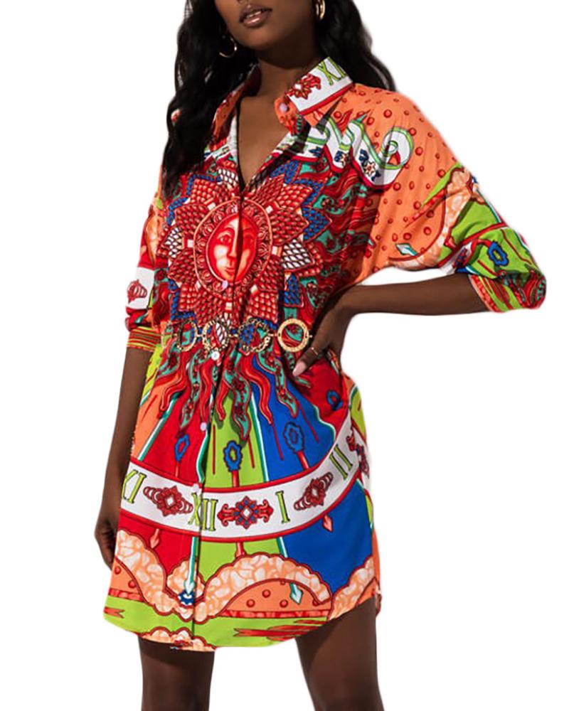 

Colorful Print Long Sleeve Casual Dress, Orange