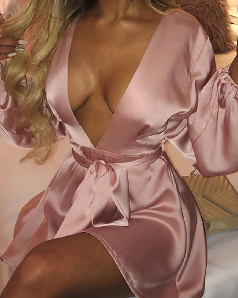 

Plunge Satin Tied Detail Lantern Sleeve Dress, Pink