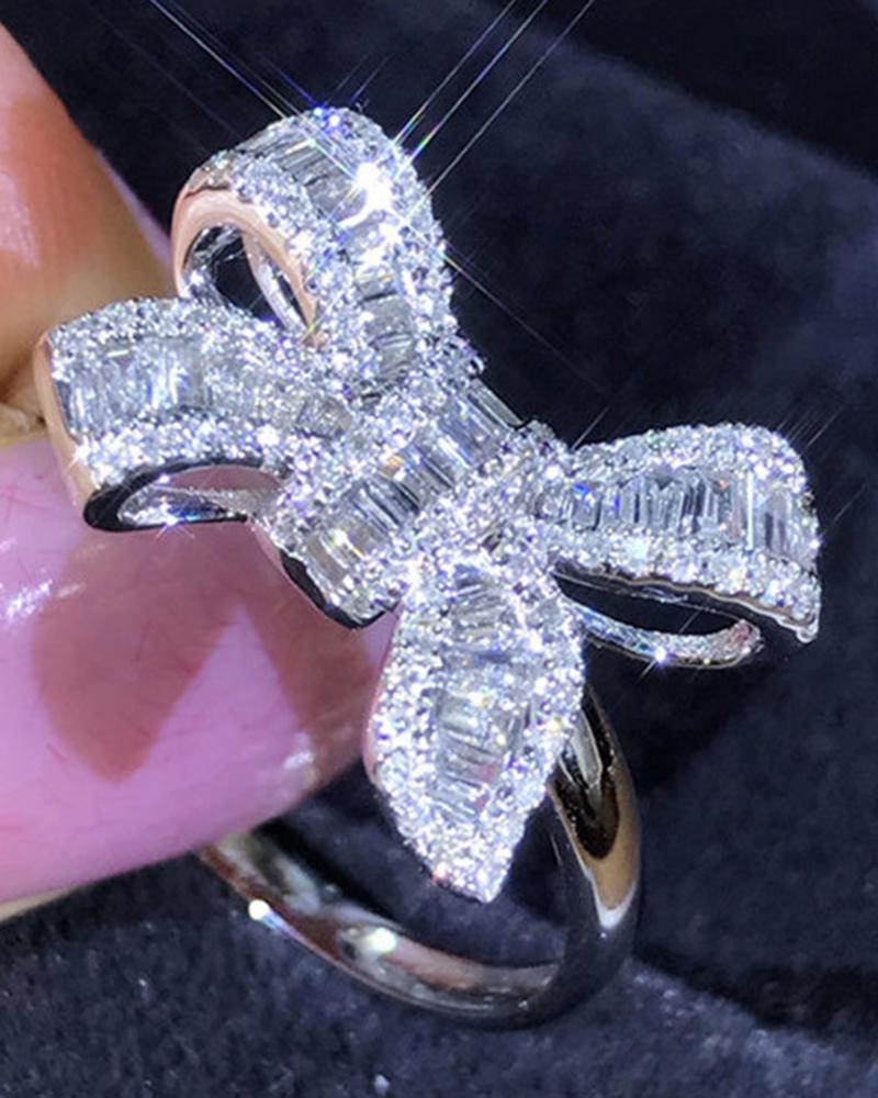 

1pc Faux Zircon Bowknot Design Wedding Bridal Ring, Silver