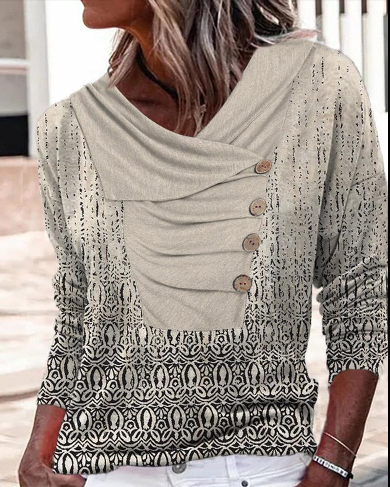 

Tribal Print Button Decor Long Sleeve Top, Khaki