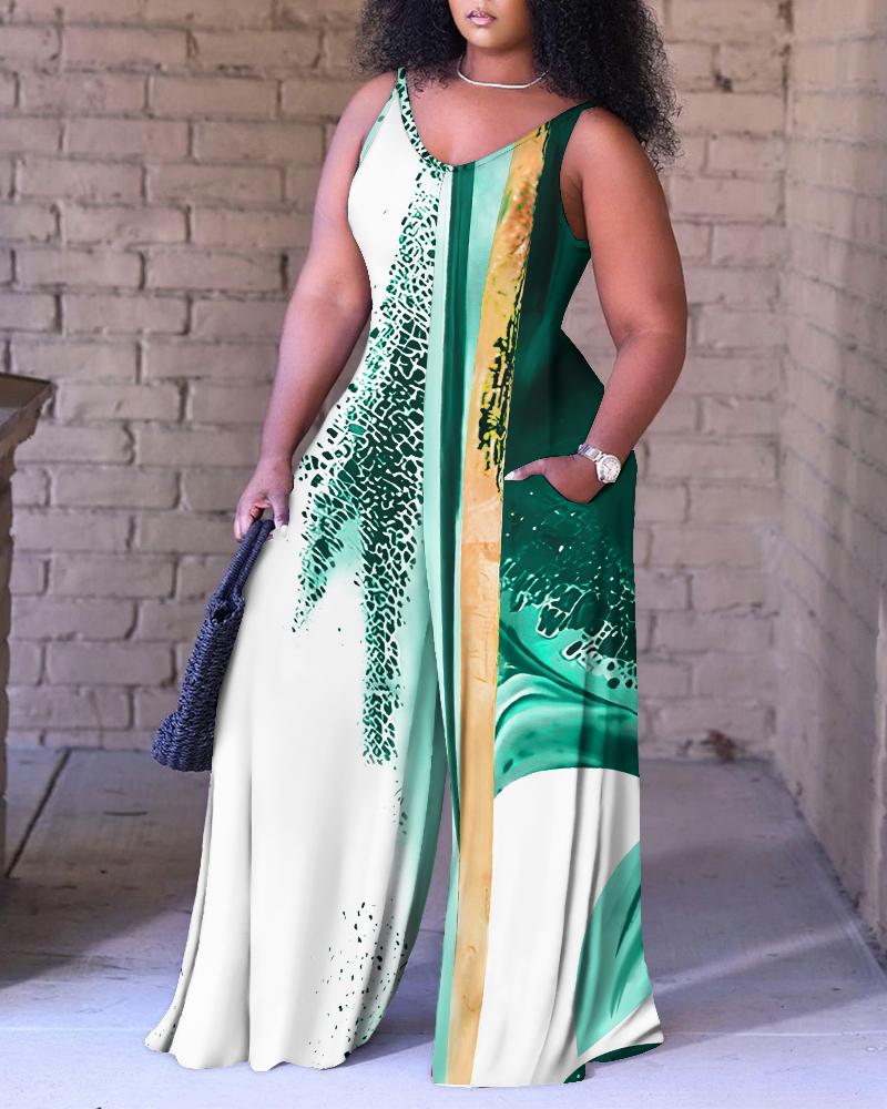 

Plus Size Tie Dye Print Wide Leg Jumpsuit, Green