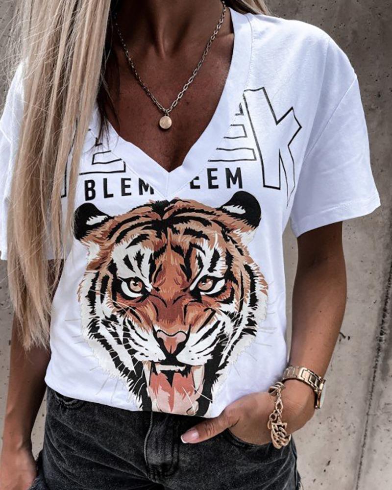 

Tiger Letter Print Short Sleeve T-shirt, White