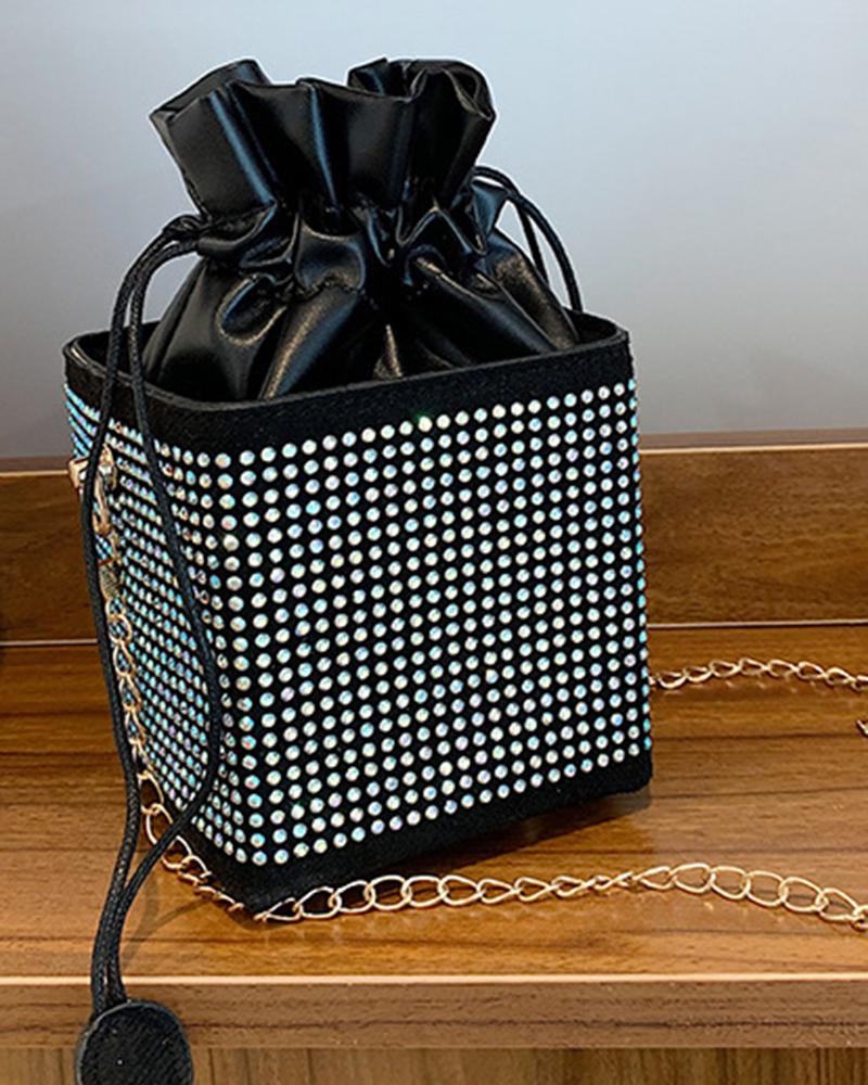 

Allover Rhinestone Drawstring Bucket Bag, Black