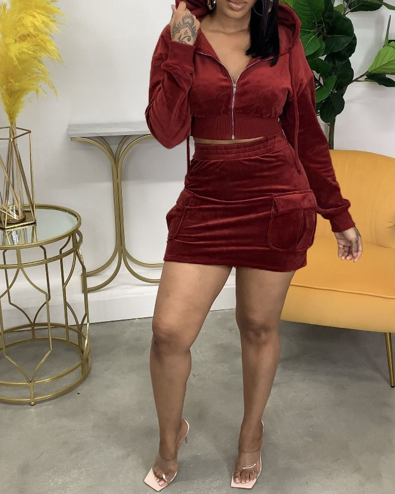 

Velvet Zip Up Crop Hooded Top & Skirt Set, Red