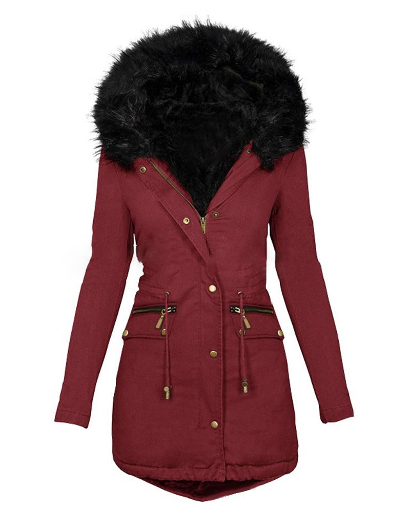 

Women' Parka Casual Winter Long Coat Zip Up Fur Collar Drawstring Lined Hooded Fit Warm Jacket, Wine red