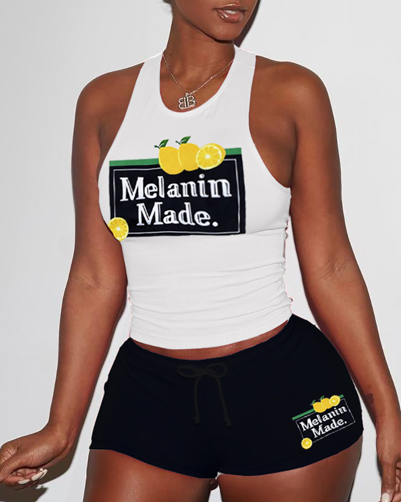 

U-Neck Letter Print Tank Top & Shorts Set, Yellow