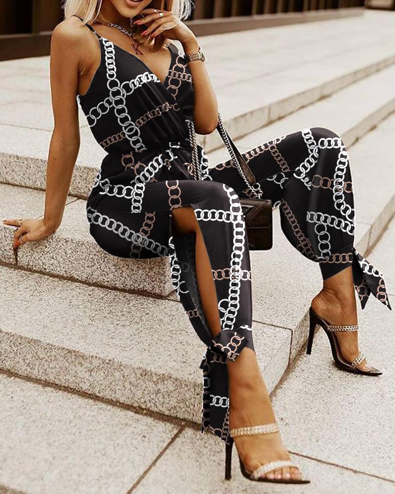 

Chain Print V-Neck Split Knot Hem Cami Jumpsuit, Black
