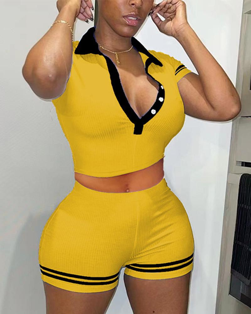 

Ribbed Contrast Paneled Crop Top & Shorts Set, Yellow