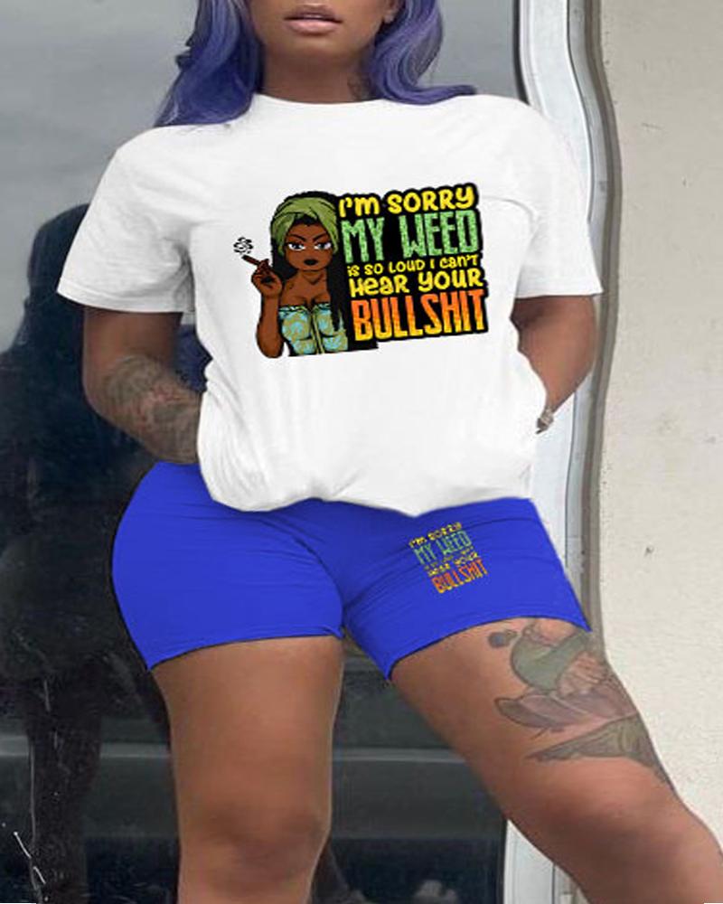

Plus Size I'm Sorry My Weed is So Loud I Can't Hear Your BS Print Top & Shorts Set, Blue