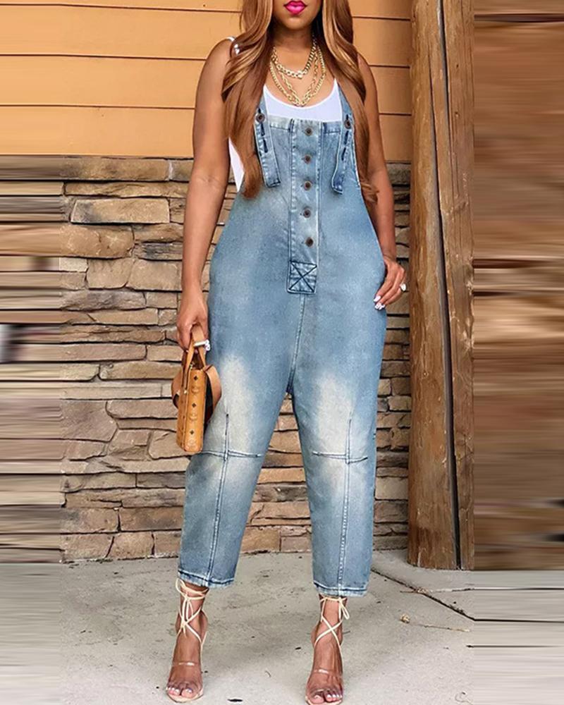 

Denim Pocket Design Buttoned Suspender Jumpsuit, Lighted blue