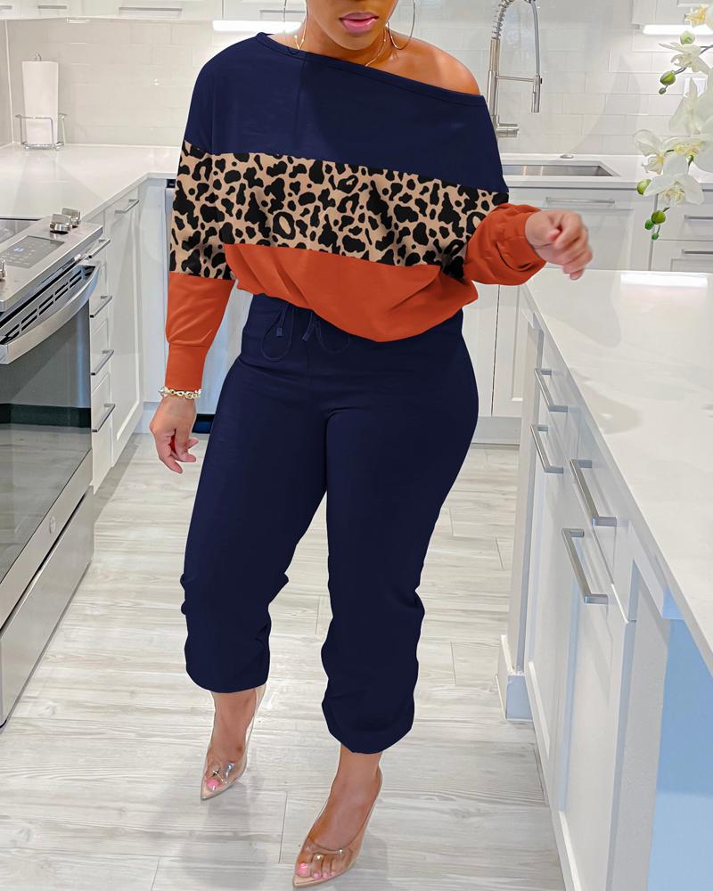 

Leopard Print Colorblock Top & Cuffed Pants Set, Hot pink
